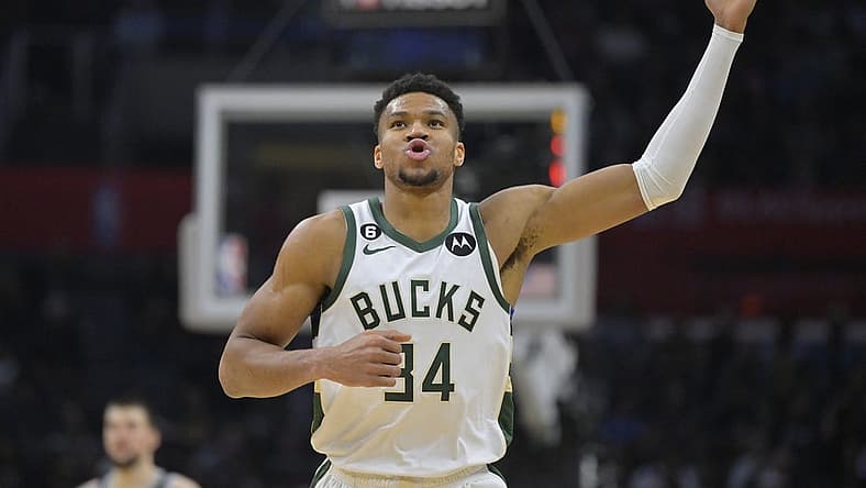 Feb 10, 2023; Los Angeles, California, USA; Milwaukee Bucks forward Giannis Antetokounmpo (34) reacts to the crowd after a basket in the fourth quarter against the Los Angeles Clippers at Crypto.com Arena. Mandatory Credit: Jayne Kamin-Oncea-USA TODAY Sports