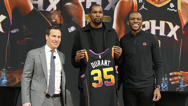 Feb 16, 2023; Phoenix, AZ, USA; Phoenix Suns owner Mat Ishbia, Forward Kevin Durant and General Manager James Jones pose for a photo at Footprint Center. Mandatory Credit: Rick Scuteri-USA TODAY Sports