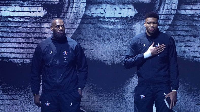Feb 19, 2023; Salt Lake City, UT, USA; Team Lebron captain Lebron James (left) and Team Giannis captain Giannis Antetokoumpo (right) before the 2023 NBA All-Star Game at Vivint Arena. Mandatory Credit: Kirby Lee-USA TODAY Sports
