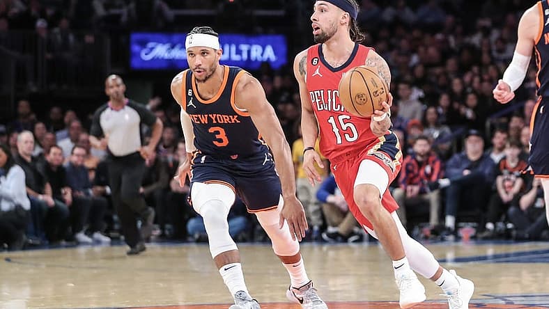 Feb 25, 2023; New York, New York, USA; New Orleans Pelicans guard Jose Alvarado (15) drives past New York Knicks guard Josh Hart (3) at Madison Square Garden. Mandatory Credit: Wendell Cruz-USA TODAY Sports
