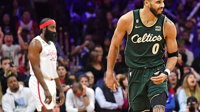 Feb 25, 2023; Philadelphia, Pennsylvania, USA; Boston Celtics forward Jayson Tatum (0) reacts after making a three point basket against the Philadelphia 76ers during the fourth quarter at Wells Fargo Center. Mandatory Credit: Eric Hartline-USA TODAY Sports