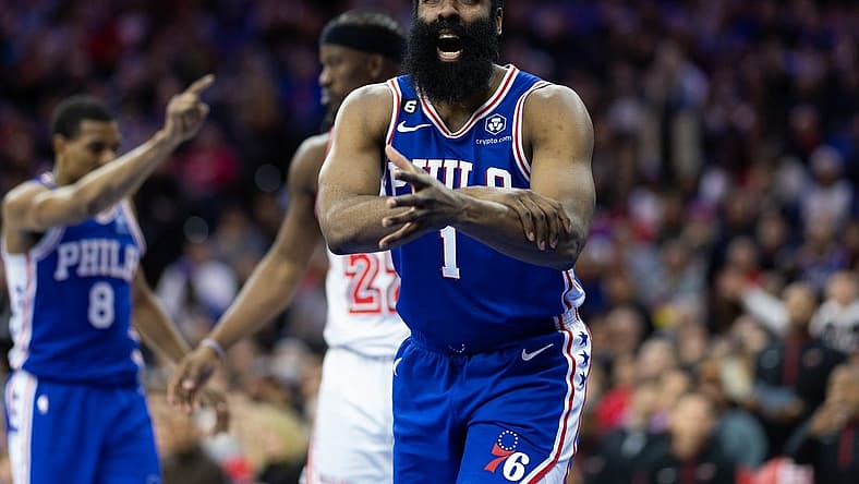 Feb 27, 2023; Philadelphia, Pennsylvania, USA; Philadelphia 76ers guard James Harden (1) pleads for a foul call against the Miami Heat during the fourth quarter at Wells Fargo Center. Mandatory Credit: Bill Streicher-USA TODAY Sports