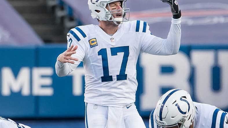 Jan 9, 2021; Orchard Park, New York, USA; Indianapolis Colts quarterback Philip Rivers (17) makes an adjustment at the line of scrimmage in the third quarter wildcard playoff game against the Buffalo Bills at Bills Stadium. Mandatory Credit: Mark Konezny-USA TODAY Sports