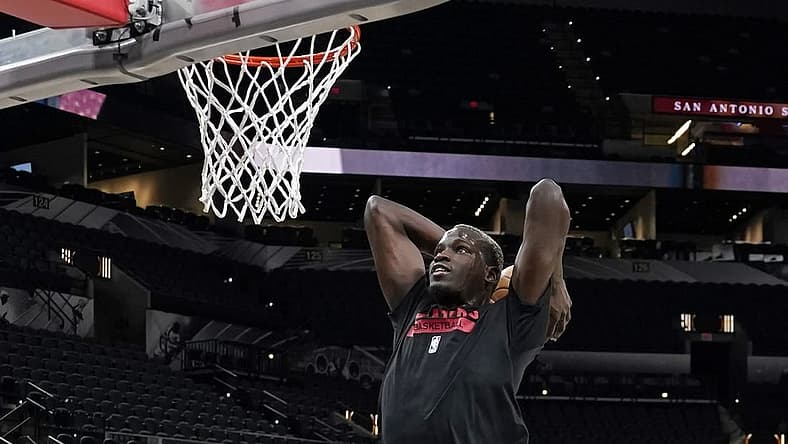 Dec 14, 2022; San Antonio, Texas, USA; Portland Trail Blazers center Ibou Badji (41) warms up before the game against the San Antonio Spurs at AT&T Center. Mandatory Credit: Scott Wachter-USA TODAY Sports
