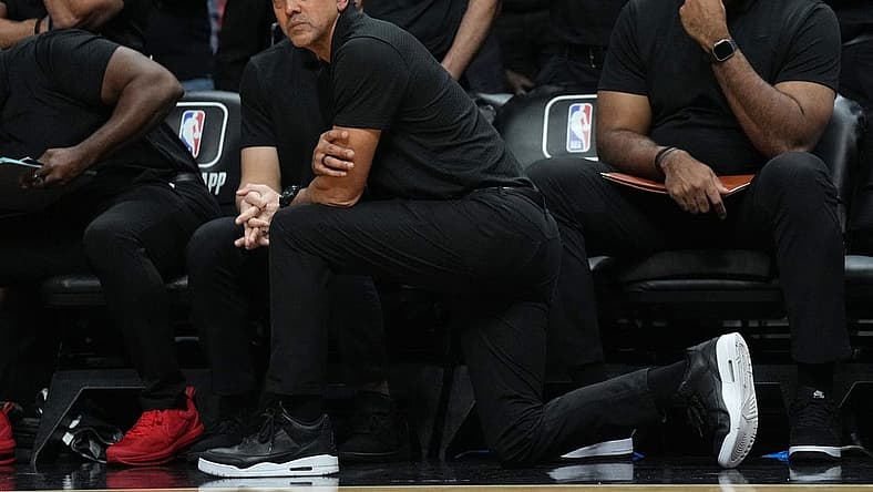 Jan 14, 2023; Miami, Florida, USA; Miami Heat head coach Erik Speolstra looks on during the second half against the Milwaukee Bucks at Miami-Dade Arena. Mandatory Credit: Jim Rassol-USA TODAY Sports