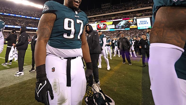 Jan 29, 2023; Philadelphia, Pennsylvania, USA; Philadelphia Eagles defensive tackle Javon Hargrave (97) on the field after win against the San Francisco 49ers in the NFC Championship game at Lincoln Financial Field. Mandatory Credit: Bill Streicher-USA TODAY Sports