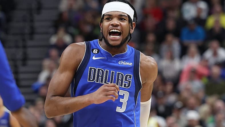 Feb 6, 2023; Salt Lake City, Utah, USA; Dallas Mavericks guard Jaden Hardy (3) reacts to a play against the Utah Jazz in the fourth quarter at Vivint Arena. Mandatory Credit: Rob Gray-USA TODAY Sports