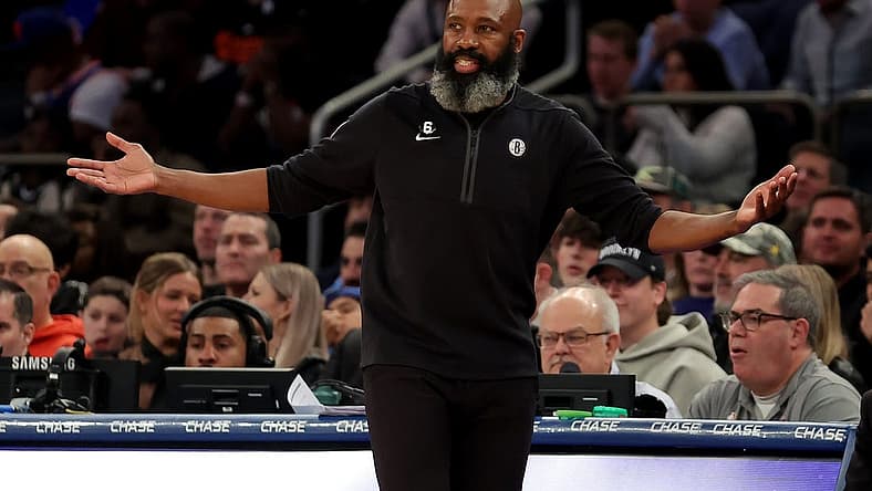 Feb 13, 2023; New York, New York, USA; Brooklyn Nets head coach Jacque Vaughn reacts during the third quarter against the New York Knicks at Madison Square Garden. Mandatory Credit: Brad Penner-USA TODAY Sports