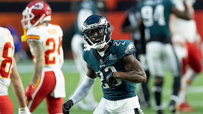 Feb 12, 2023; Glendale, Arizona, US; Philadelphia Eagles safety C.J. Gardner-Johnson (23) reacts against the Kansas City Chiefs in Super Bowl LVII at State Farm Stadium. Mandatory Credit: Bill Streicher-USA TODAY Sports