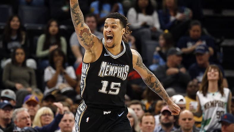 Feb 28, 2023; Memphis, Tennessee, USA; Memphis Grizzlies forward Brandon Clark (15) reacts during the second half against the Los Angeles Lakers at FedExForum. Mandatory Credit: Petre Thomas-USA TODAY Sports