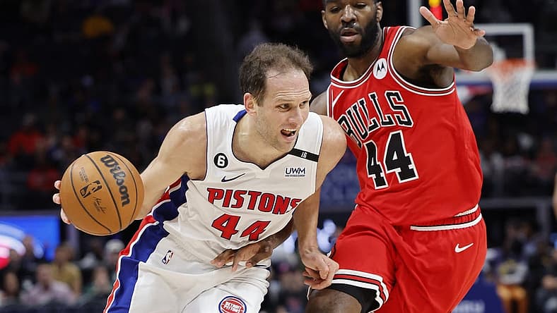 Mar 1, 2023; Detroit, Michigan, USA;  Detroit Pistons forward Bojan Bogdanovic (44) dribbles the ball against  Chicago Bulls forward Patrick Williams (44) in the first half at Little Caesars Arena. Mandatory Credit: Rick Osentoski-USA TODAY Sports