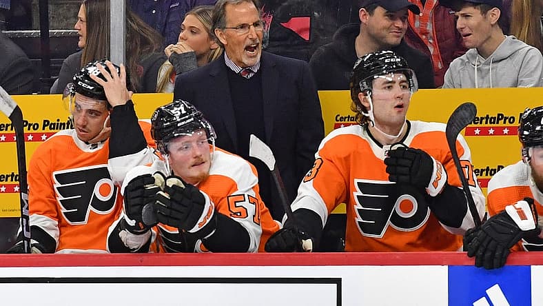 Mar 1, 2023; Philadelphia, Pennsylvania, USA; Philadelphia Flyers head coach John Tortorella behind the bench against the New York Rangers during the first period at Wells Fargo Center. Mandatory Credit: Eric Hartline-USA TODAY Sports