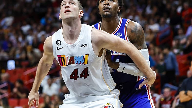 Mar 1, 2023; Miami, Florida, USA; Miami Heat center Cody Zeller (44) guards Philadelphia 76ers forward Paul Reed (44) during the third quarter at Miami-Dade Arena. Mandatory Credit: Sam Navarro-USA TODAY Sports