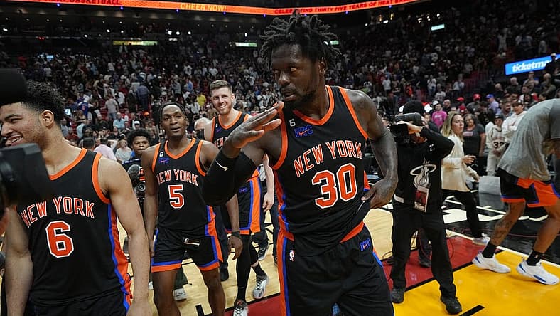 Mar 3, 2023; Miami, Florida, USA; New York Knicks forward Julius Randle (30) salutes the victory over the Miami Heat after his last second shot gave the Knicks the win at Miami-Dade Arena. Mandatory Credit: Jim Rassol-USA TODAY Sports