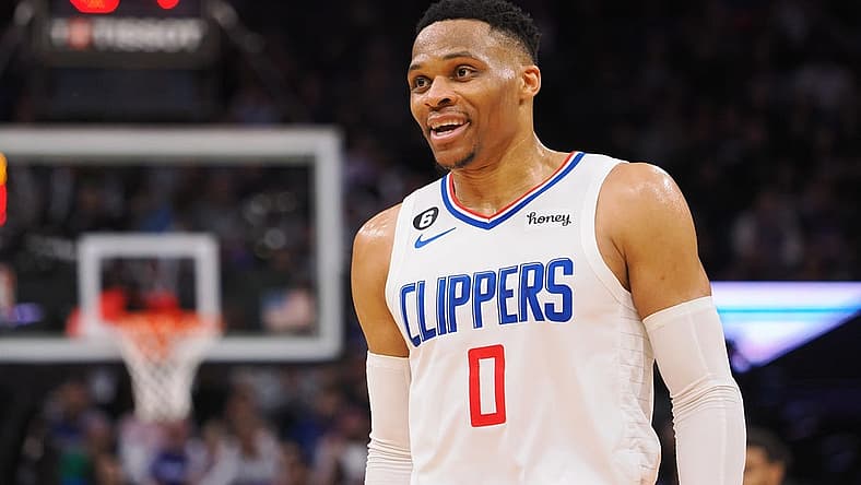 Mar 3, 2023; Sacramento, California, USA; Los Angeles Clippers point guard Russell Westbrook (0) calls for the coaching staff to challenge a call against the Sacramento Kings during the third quarter at Golden 1 Center. Mandatory Credit: Kelley L Cox-USA TODAY Sports