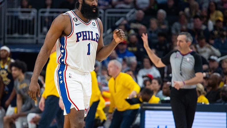 Mar 6, 2023; Indianapolis, Indiana, USA; Philadelphia 76ers guard James Harden (1) in the second half against the Indiana Pacers at Gainbridge Fieldhouse. Mandatory Credit: Trevor Ruszkowski-USA TODAY Sports