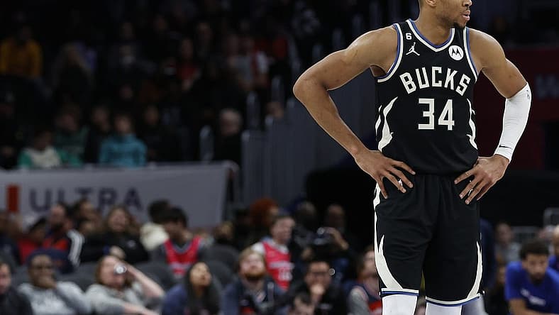 Mar 5, 2023; Washington, District of Columbia, USA; Milwaukee Bucks forward Giannis Antetokounmpo (34) stands on the court against the Washington Wizards at Capital One Arena. Mandatory Credit: Geoff Burke-USA TODAY Sports