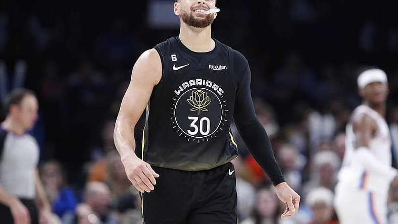 Mar 7, 2023; Oklahoma City, Oklahoma, USA; Golden State Warriors guard Stephen Curry (30) reacts after a play against the Oklahoma City Thunder during the second half at Paycom Center. Oklahoma City won 137-128. Mandatory Credit: Alonzo Adams-USA TODAY Sports