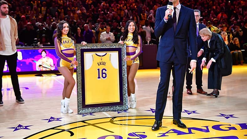 Mar 7, 2023; Los Angeles, California, USA; Former Los Angeles Lakers player Pau Gasol speaks as his number is retired during halftime at Crypto.com Arena. Mandatory Credit: Gary A. Vasquez-USA TODAY Sports