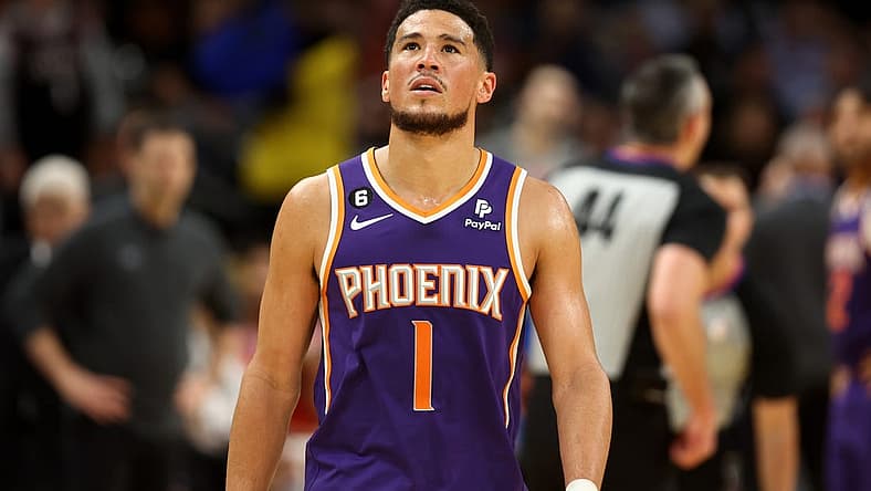 Mar 8, 2023; Phoenix, Arizona, USA; Phoenix Suns guard Devin Booker (1) reacts against the Oklahoma City Thunder in the first half at Footprint Center. Mandatory Credit: Mark J. Rebilas-USA TODAY Sports