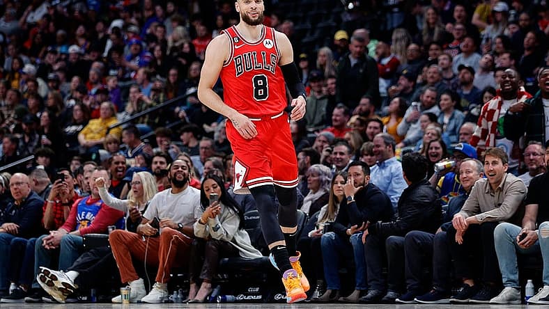 Mar 8, 2023; Denver, Colorado, USA; Chicago Bulls guard Zach LaVine (8) reacts after a play in the fourth quarter against the Denver Nuggets at Ball Arena. Mandatory Credit: Isaiah J. Downing-USA TODAY Sports