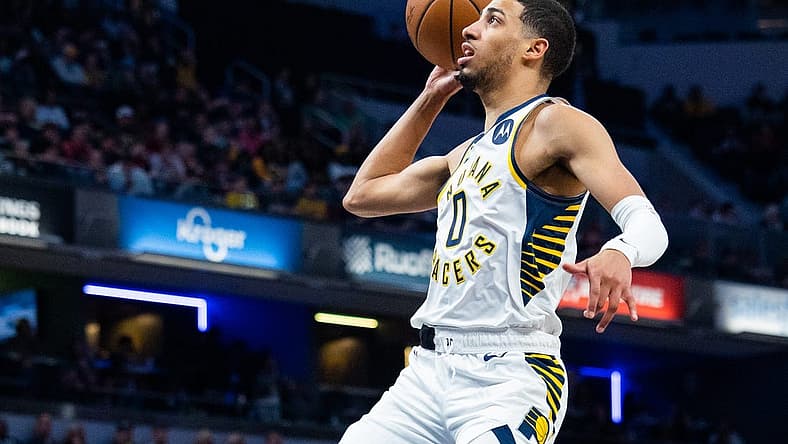 Mar 9, 2023; Indianapolis, Indiana, USA; Indiana Pacers guard Tyrese Haliburton (0) shoots the ball in the first quarter against the Houston Rockets at Gainbridge Fieldhouse. Mandatory Credit: Trevor Ruszkowski-USA TODAY Sports