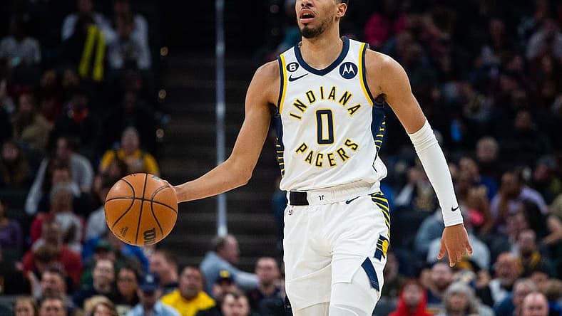 Mar 9, 2023; Indianapolis, Indiana, USA;  Indiana Pacers guard Tyrese Haliburton (0) dribbles the ball in the second quarter against the Houston Rockets at Gainbridge Fieldhouse. Mandatory Credit: Trevor Ruszkowski-USA TODAY Sports