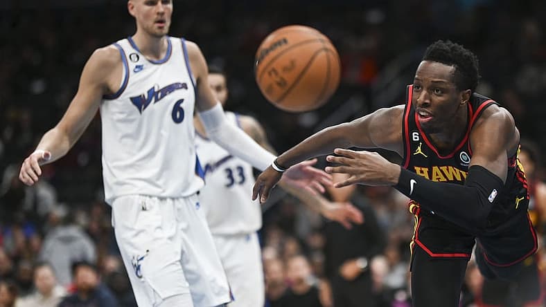 Mar 10, 2023; Washington, District of Columbia, USA;  Atlanta Hawks forward Onyeka Okongwu (17) divers for loose ball during the first half against the Washington Wizards at Capital One Arena. Mandatory Credit: Tommy Gilligan-USA TODAY Sports