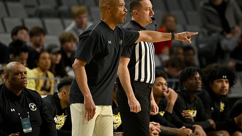Mar 10, 2023; Fort Worth, TX, USA; Wichita State Shockers head coach Isaac Brown motions to his team during the first half against the Tulane Green Wave at Dickies Arena. Mandatory Credit: Jerome Miron-USA TODAY Sports
