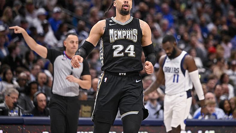 Mar 13, 2023; Dallas, Texas, USA; Memphis Grizzlies forward Dillon Brooks (24) reacts to scoring against the Dallas Mavericks during the second half at the American Airlines Center. Mandatory Credit: Jerome Miron-USA TODAY Sports
