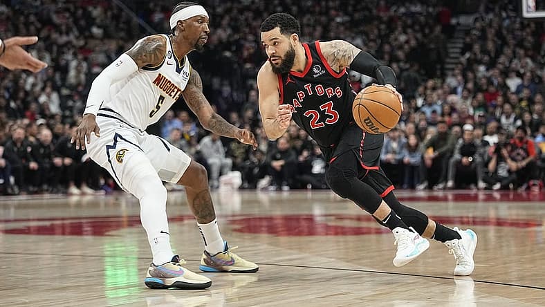 Mar 14, 2023; Toronto, Ontario, CAN; Toronto Raptors guard Fred VanVleet (23) dribbles the basketball against Denver Nuggets guard Kentavious Caldwell-Pope (5) during the first half at Scotiabank Arena. Mandatory Credit: John E. Sokolowski-USA TODAY Sports