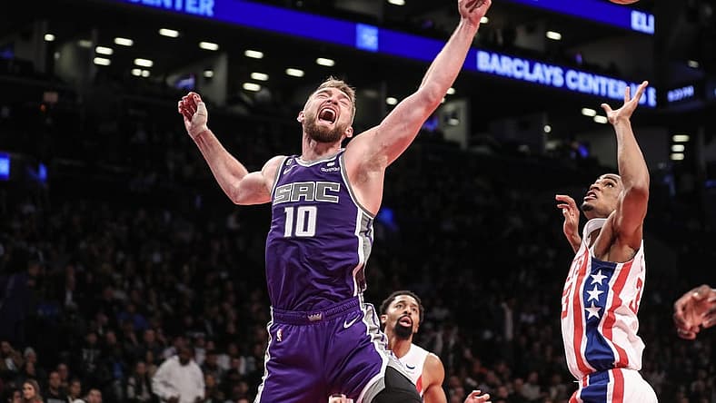 Mar 16, 2023; Brooklyn, New York, USA;  Sacramento Kings forward Domantas Sabonis (10) reacts after loosing the ball in the second quarter against the Brooklyn Nets at Barclays Center. Mandatory Credit: Wendell Cruz-USA TODAY Sports