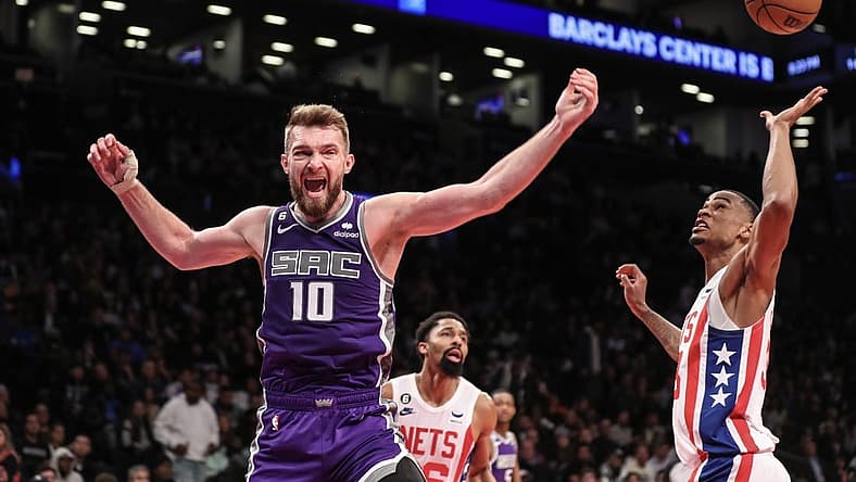 Mar 16, 2023; Brooklyn, New York, USA; Sacramento Kings forward Domantas Sabonis (10) reacts after loosing the ball in the second quarter against the Brooklyn Nets at Barclays Center. Mandatory Credit: Wendell Cruz-USA TODAY Sports