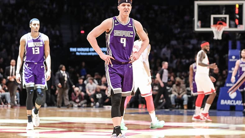 Mar 16, 2023; Brooklyn, New York, USA; Sacramento Kings guard Kevin Huerter (9) walks off the court after getting injured in the first quarter against the Brooklyn Nets at Barclays Center. Mandatory Credit: Wendell Cruz-USA TODAY Sports