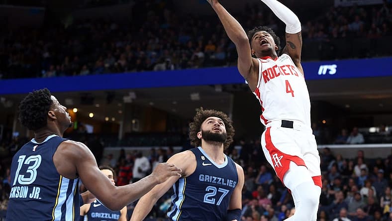 Mar 22, 2023; Memphis, Tennessee, USA; Houston Rockets guard Jalen Green (4) drives to the basket during the first half against the Memphis Grizzlies at FedExForum. Mandatory Credit: Petre Thomas-USA TODAY Sports