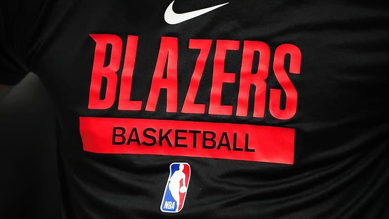 Jan 17, 2023; Denver, Colorado, USA; Detailed view of a Portland Trail Blazers logo warmup jersey before the game against the Denver Nuggets at Ball Arena. Mandatory Credit: Ron Chenoy-USA TODAY Sports