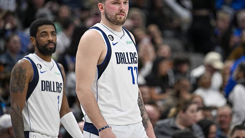 Feb 23, 2023; Dallas, Texas, USA; Dallas Mavericks guard Kyrie Irving (2) and guard Luka Doncic (77) during the game between the Dallas Mavericks and the San Antonio Spurs at American Airlines Center. Mandatory Credit: Jerome Miron-USA TODAY Sports