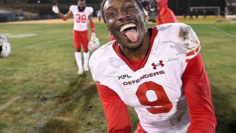 Feb 25, 2023; Las Vegas, NV, USA; D.C. Defenders defensive back KJ.Sails (9) celebrates defeating the Vegas Vipers at Cashman Field. Mandatory Credit: Candice Ward-USA TODAY Sports