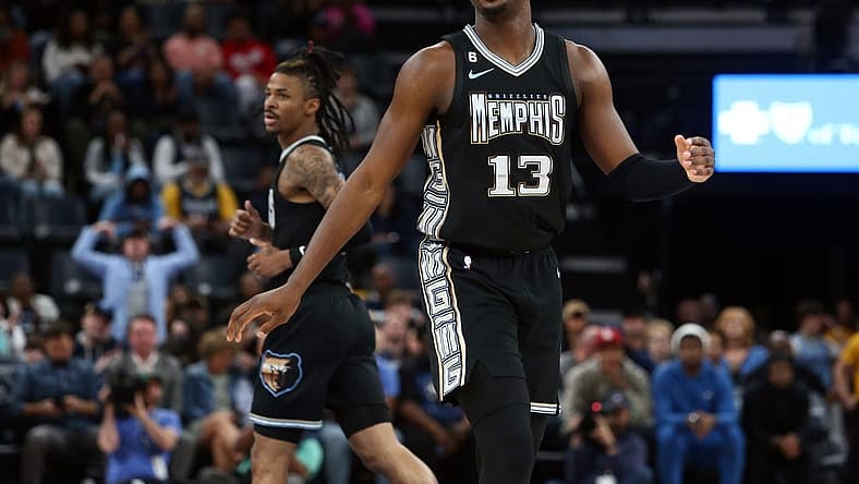 Mar 31, 2023; Memphis, Tennessee, USA; Memphis Grizzlies forward Jaren Jackson Jr. (13) reacts after a basket during the first half against the Los Angeles Clippers at FedExForum. Mandatory Credit: Petre Thomas-USA TODAY Sports