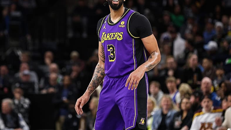 Mar 31, 2023; Minneapolis, Minnesota, USA; Los Angeles Lakers forward Anthony Davis (3) looks on during the first quarter against the Minnesota Timberwolves at Target Center. Mandatory Credit: Matt Krohn-USA TODAY Sports