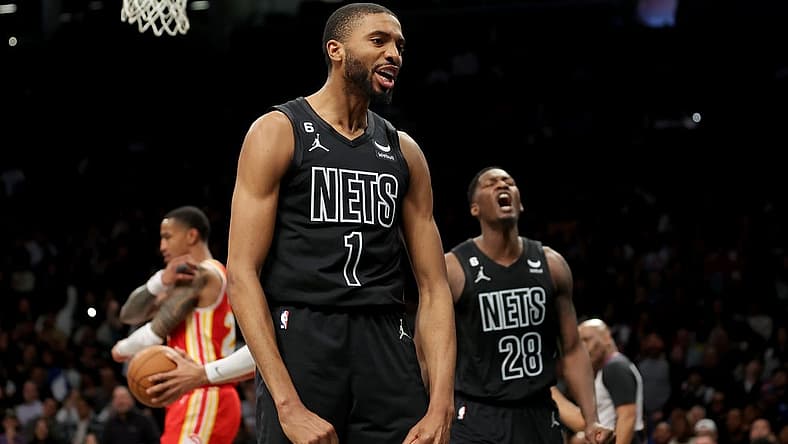 Mar 31, 2023; Brooklyn, New York, USA; Brooklyn Nets forward Mikal Bridges (1) reacts after a basket against the Atlanta Hawks during the fourth quarter at Barclays Center. Mandatory Credit: Brad Penner-USA TODAY Sports