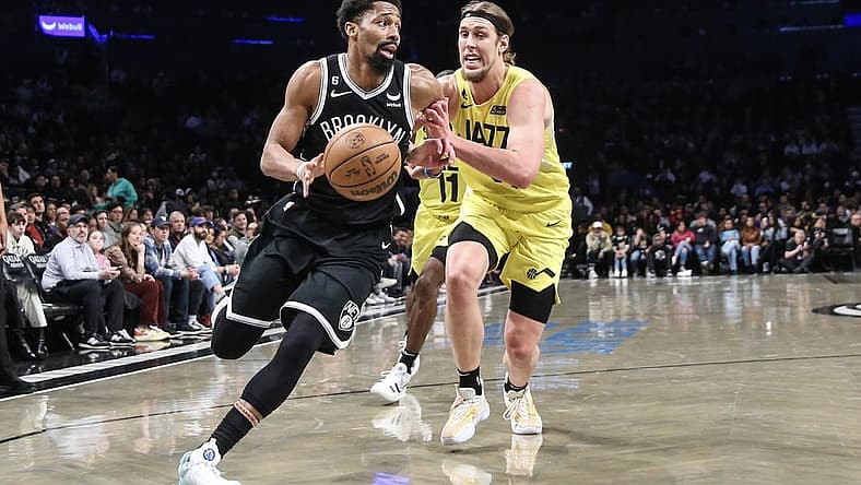 Apr 2, 2023; Brooklyn, New York, USA; Brooklyn Nets guard Spencer Dinwiddie (26) looks to drive past Utah Jazz forward Kelly Olynyk (41) in the second quarter at Barclays Center. Mandatory Credit: Wendell Cruz-USA TODAY Sports
