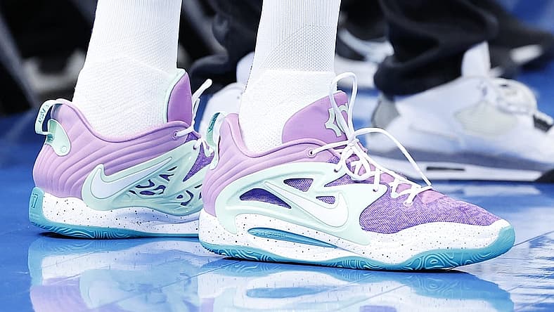 Apr 2, 2023; Oklahoma City, Oklahoma, USA; A close up view of Phoenix Suns forward Kevin Durant (35) shoes before a game against the Oklahoma City Thunder at Paycom Center. Mandatory Credit: Alonzo Adams-USA TODAY Sports