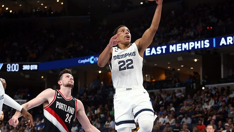 Apr 4, 2023; Memphis, Tennessee, USA; Memphis Grizzlies guard Desmond Bane (22) drives to the basket during the second half against the Portland Trail Blazers at FedExForum. Mandatory Credit: Petre Thomas-USA TODAY Sports