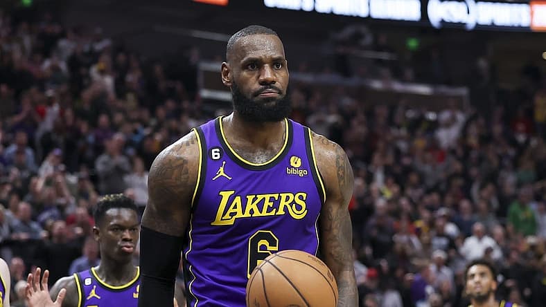 Apr 4, 2023; Salt Lake City, Utah, USA; Los Angeles Lakers forward LeBron James (6) reacts to being called for a foul against the Utah Jazz in the last minute of the fourth quarter at Vivint Arena. Mandatory Credit: Rob Gray-USA TODAY Sports