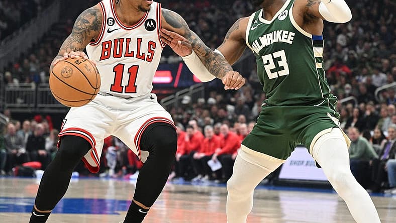 Apr 5, 2023; Milwaukee, Wisconsin, USA; Chicago Bulls forward DeMar DeRozan (11) drives to the basket against Milwaukee Bucks guard Wesley Matthews (23) in the first half at Fiserv Forum. Mandatory Credit: Michael McLoone-USA TODAY Sports