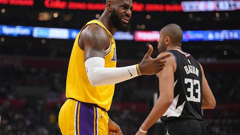 Apr 5, 2023; Los Angeles, California, USA; Los Angeles Lakers forward LeBron James (6) reacts against the LA Clippers in the first half at Crypto.com Arena. Mandatory Credit: Kirby Lee-USA TODAY Sports