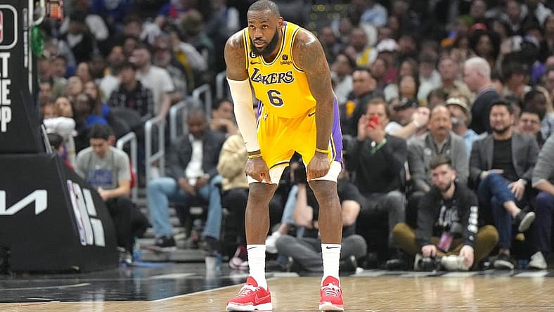 Apr 5, 2023; Los Angeles, California, USA; Los Angeles Lakers forward LeBron James (6) reacts against the LA Clippers in the second half at Crypto.com Arena. Mandatory Credit: Kirby Lee-USA TODAY Sports