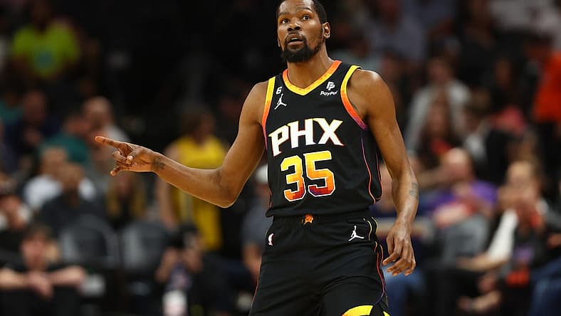 Apr 6, 2023; Phoenix, Arizona, USA; Phoenix Suns forward Kevin Durant (35) celebrates a shot against the Denver Nuggets in the first half at Footprint Center. Mandatory Credit: Mark J. Rebilas-USA TODAY Sports