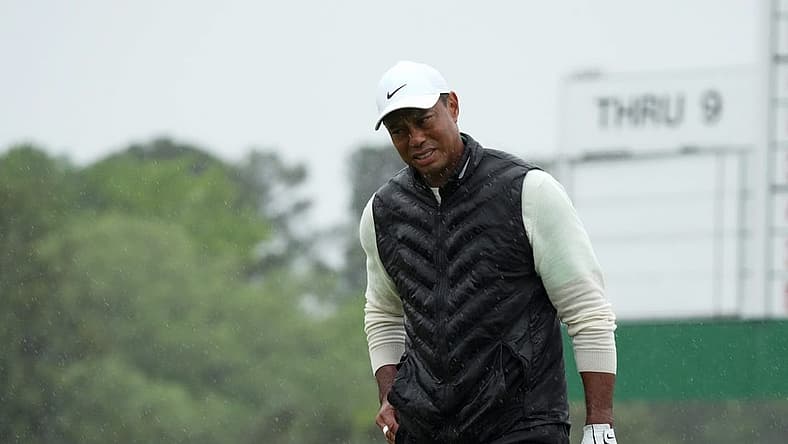 Apr 8, 2023; Augusta, Georgia, USA; Tiger Woods walks to the 18th green during the second round of The Masters golf tournament. Mandatory Credit: Kyle Terada-USA TODAY Network